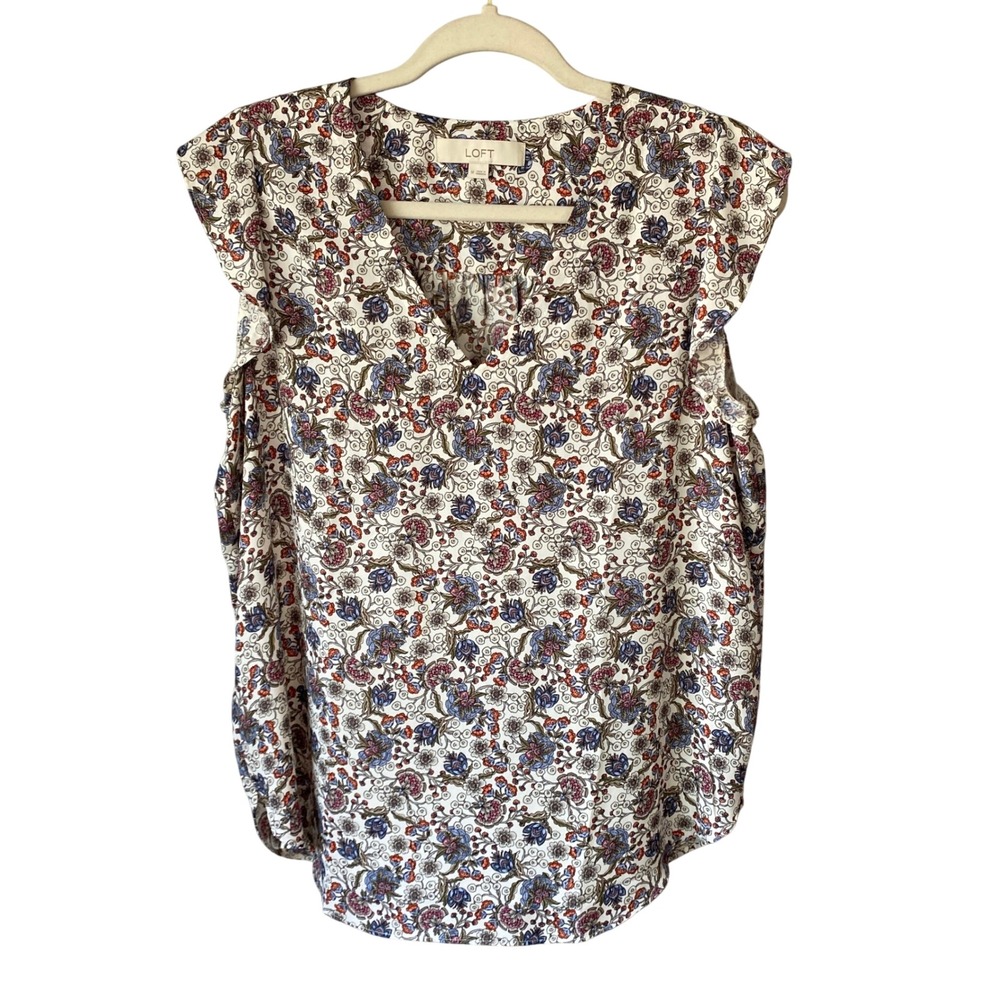 LOFT Womens White Multi Floral V-Neck Flutter Sleeve Blouse Top Medium M 510379